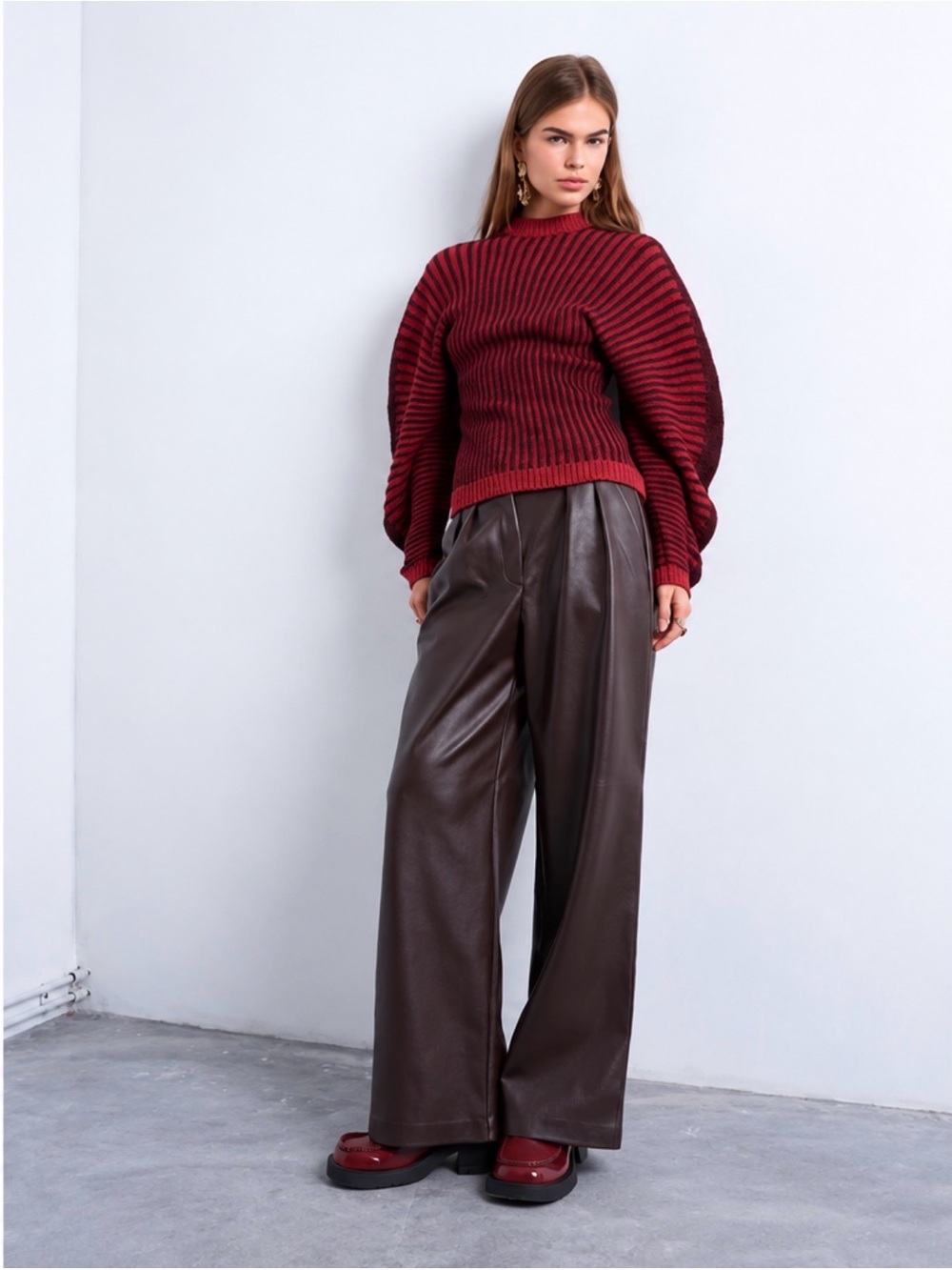 Topshop Chocolate Brown Faux Leather Wide Leg Pants US 10 Excellent Condition